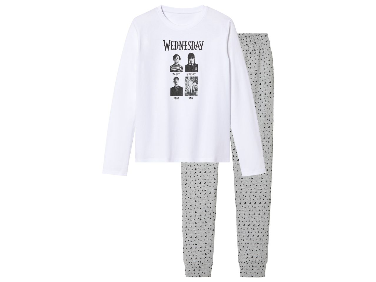 Wednesday Addams themed pajamas with a white long-sleeve top and grey patterned pants.
