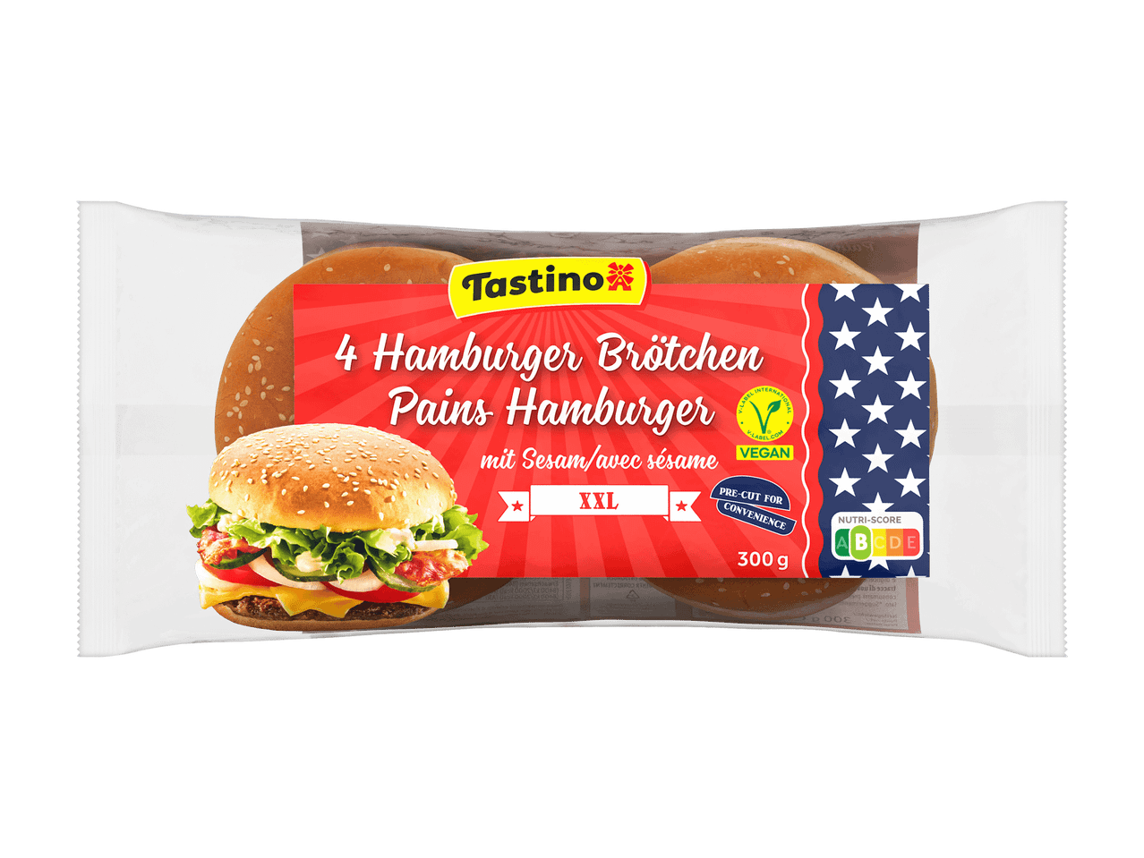 Packung mit 4 XXL Hamburgerbrötchen mit Sesam, vegan, vorgeschnitten, 300g.