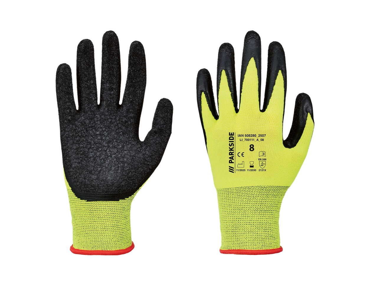 Fekete és sárga munkakesztyűk, az egyik kesztyűn méret és biztonsági jelölések láthatók.