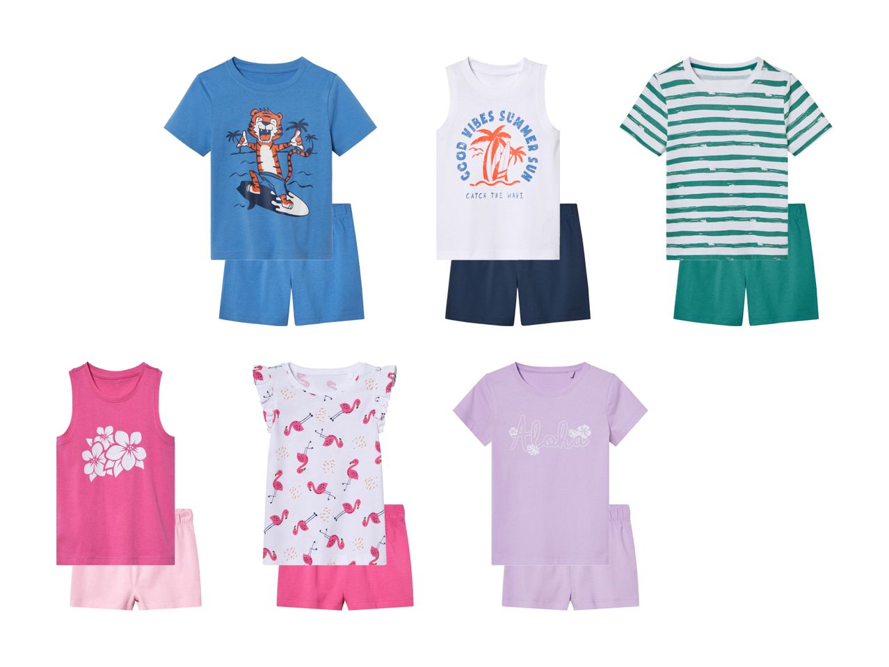 Sechs Kinder-Pyjama-Sets in verschiedenen Stilen mit T-Shirts und Shorts.