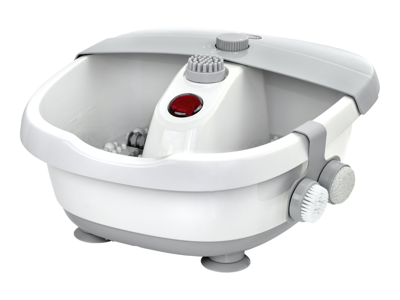 White and grey foot spa with massage rollers, a red light, and attached brush and pumice stone.