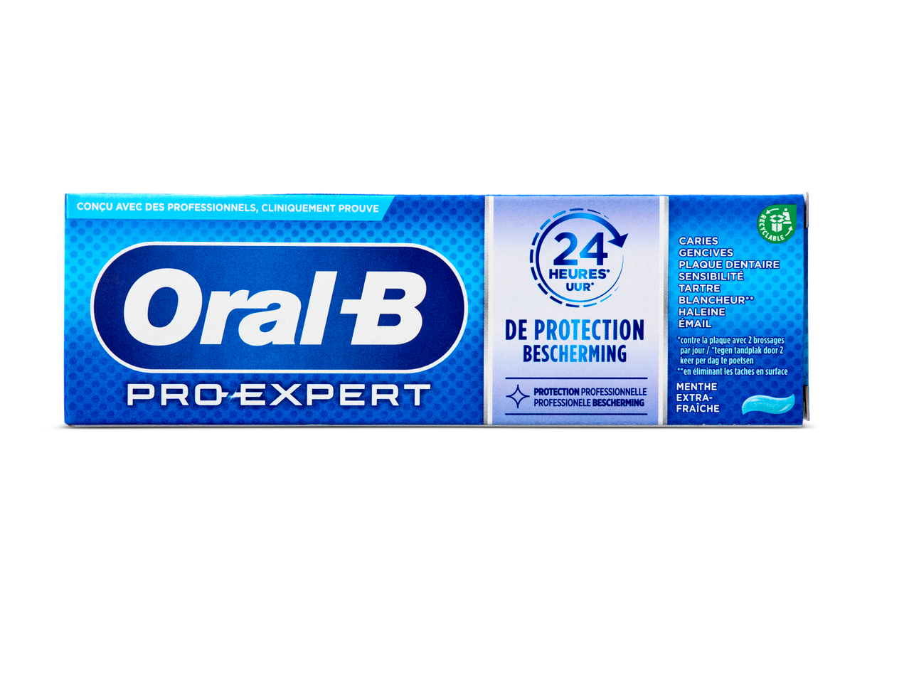 Oral-B Pro-Expert tandpasta: 24 uur bescherming tegen gaatjes, tandvleesontsteking, plaque en gevoeligheid.