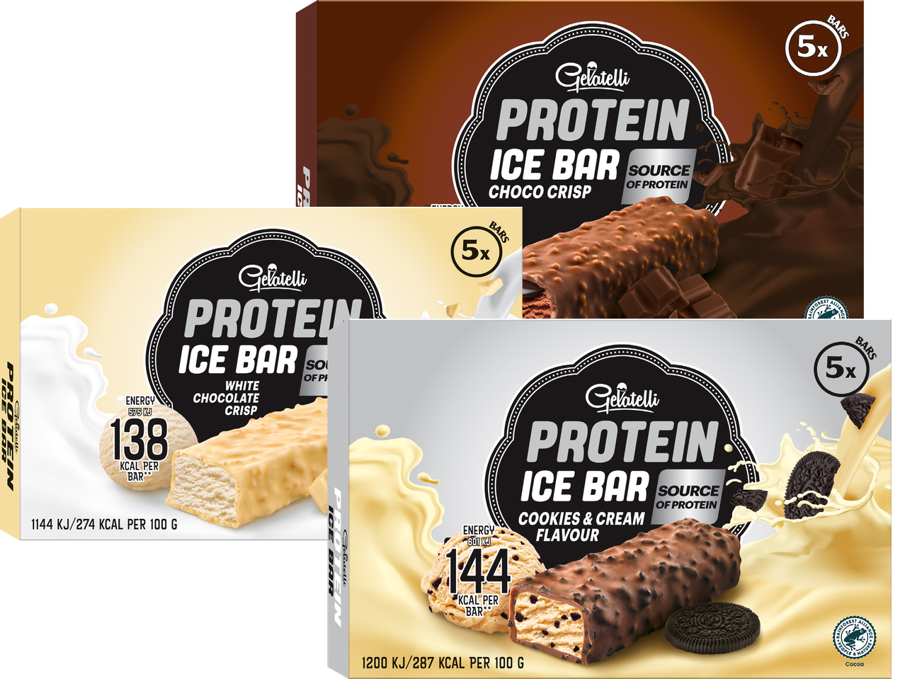 Gelatelli protein glassbarer i choklad, vit choklad och cookies & cream smaker.