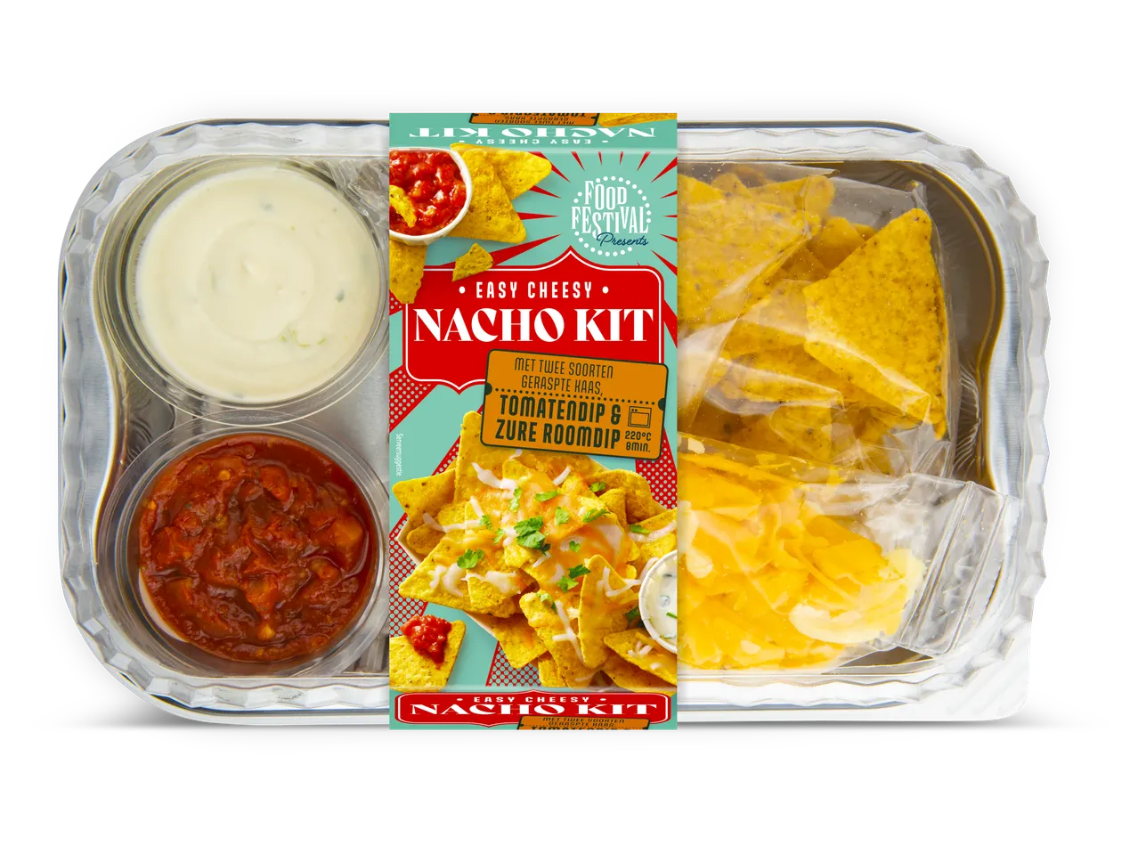 Nacho Kit met tortilla chips, kaas, salsa en dips.