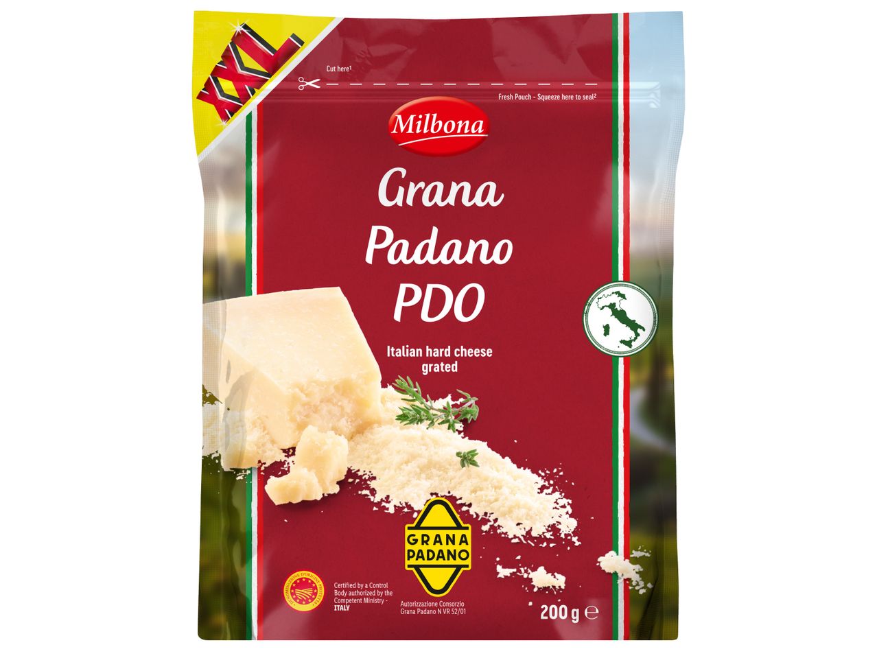 Опаковка на настъргано италианско твърдо сирене Grana Padano, 200 гр.