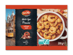 Hvide tigerrejer i piri piri-sauce, med et billede af en sporvogn i Lissabon og en tilberedningstid på 6 minutter.