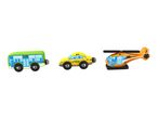 Toy bus, taxi, and helicopter with numbers 276, 34, and 25.