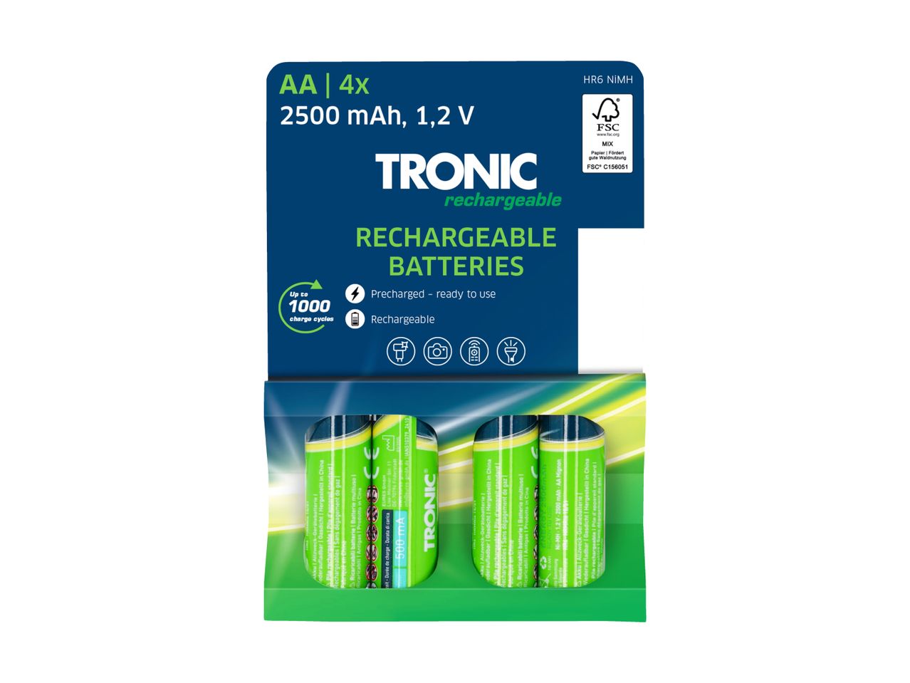 A package of four TRONIC rechargeable AA batteries.