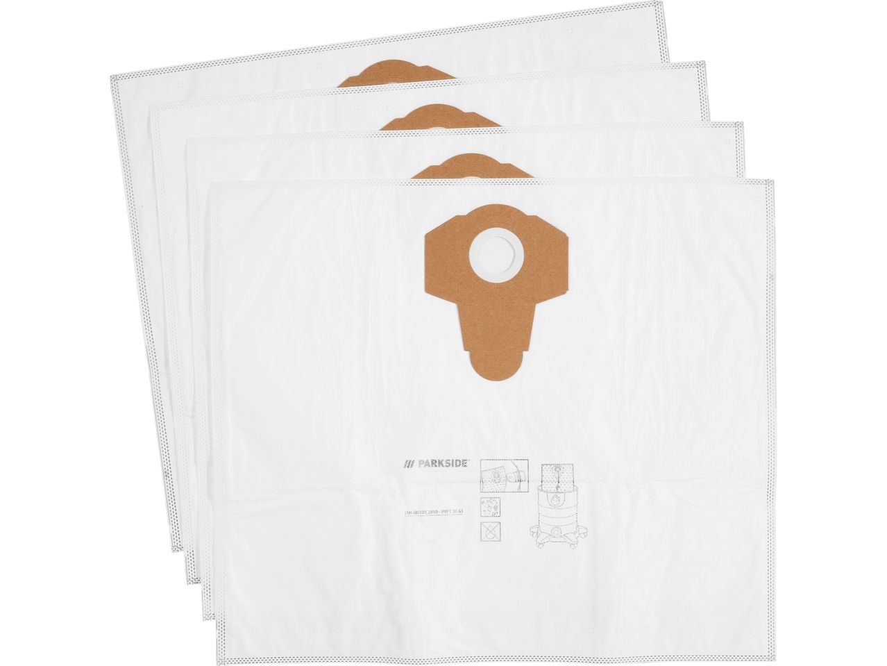 Five vacuum cleaner bags are stacked neatly.