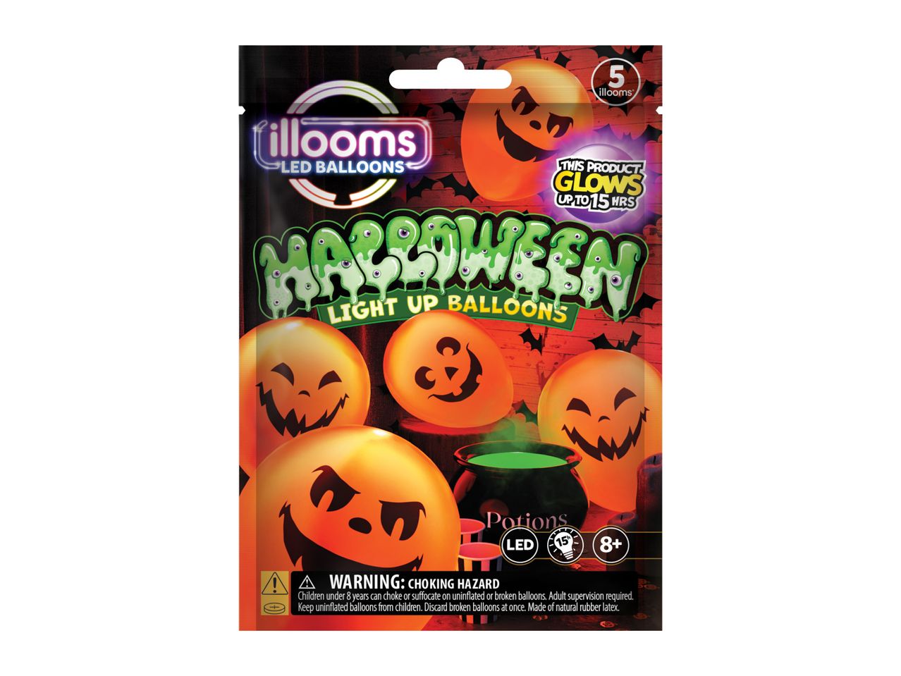 Pack of 5 orange Halloween LED light-up balloons with pumpkin faces.