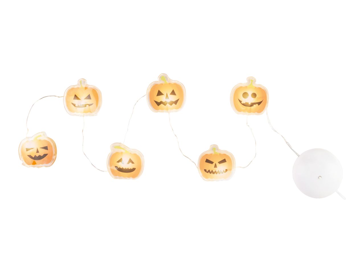 Halloween pumpkin string lights with various jack-o'-lantern faces