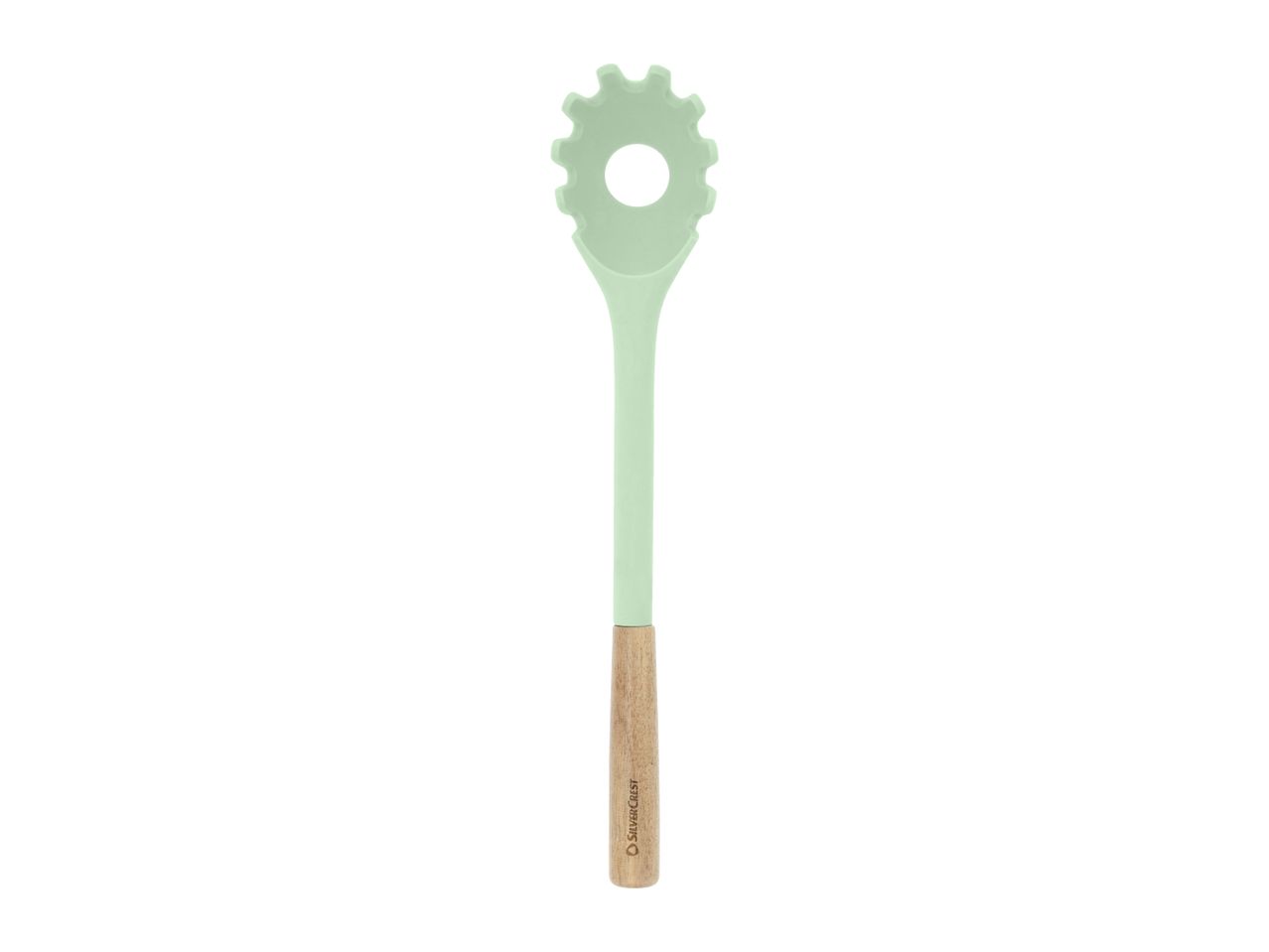 Light green pasta server with a wooden handle