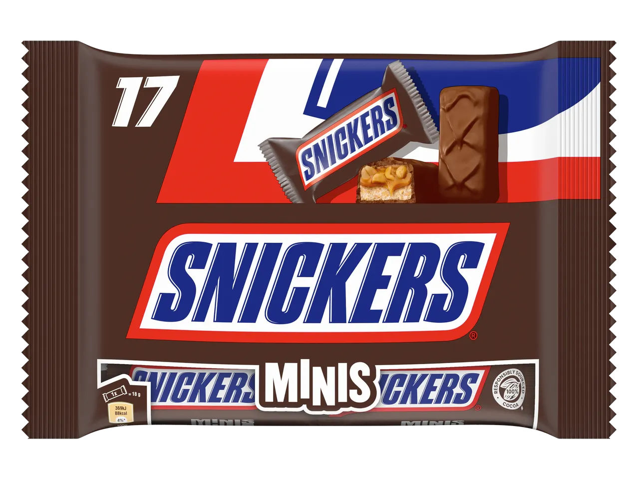 Verpakking met 17 mini chocoladerepen, met een opengebroken reep die de vulling toont.