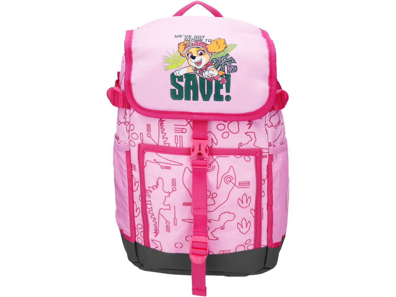 Mochila infantil rosa com um cão de desenho animado, folhas tropicais e o texto 'WE'VE GOT DINOS TO SAVE!'