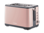 Ein roségoldener Toaster der Marke Silvercrest mit verschiedenen Bräunungsstufen.