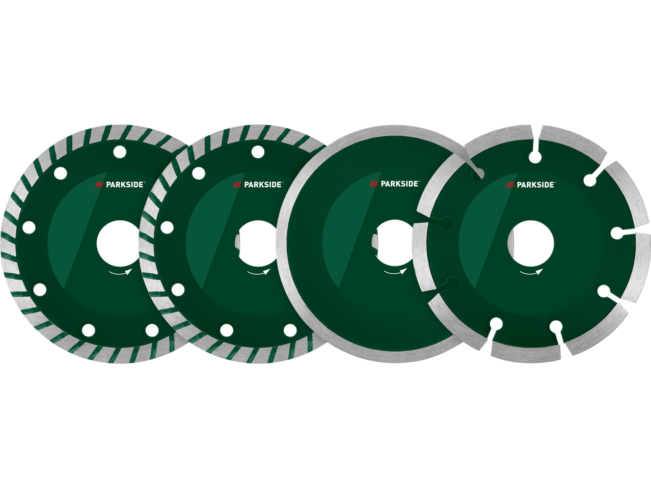 Conjunto de quatro discos de corte verdes de vários tipos sobre um fundo preto.