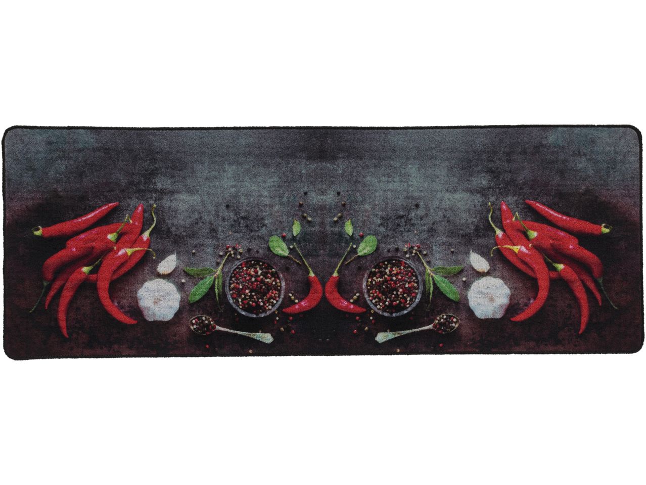 A Kitchen Runner with a symmetrical design of red chili peppers, garlic, and peppercorns.