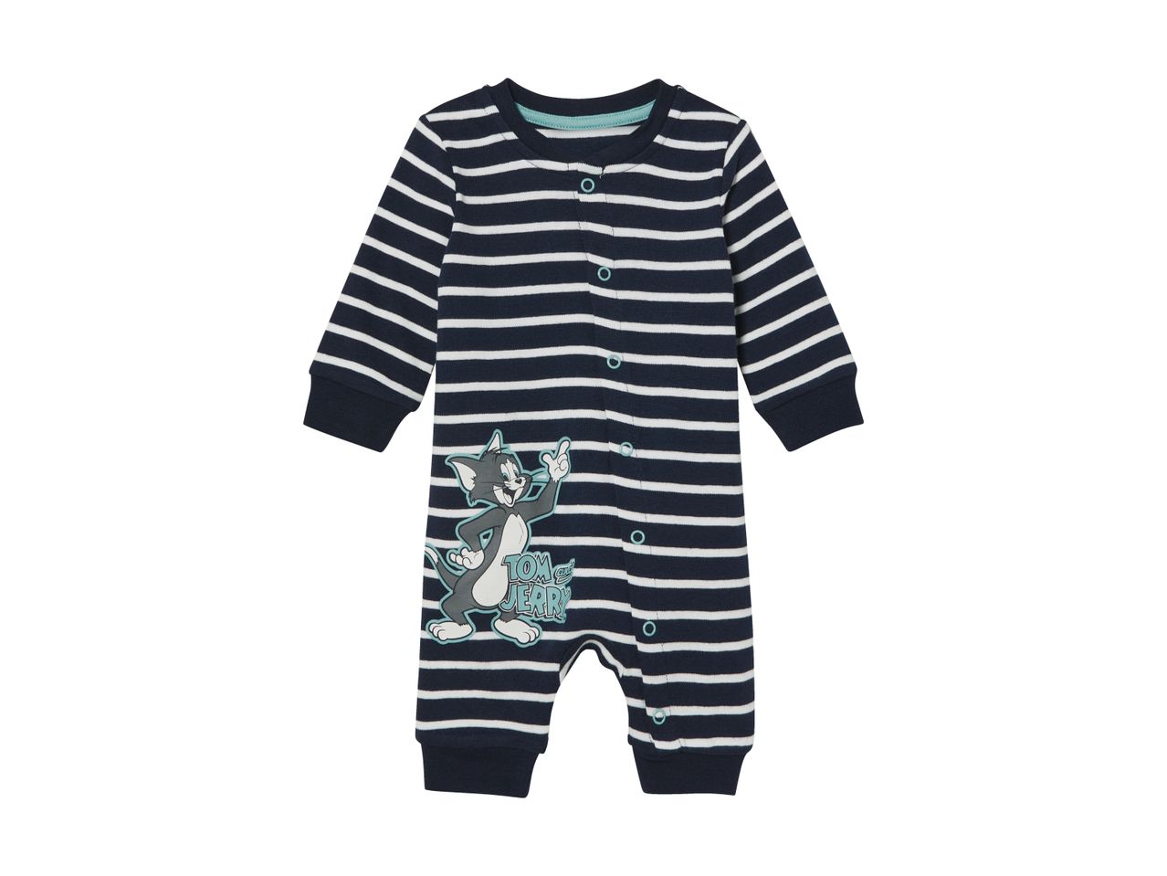 En baby-onesie med Tom og Jerry-motiv i blå og hvide striber.