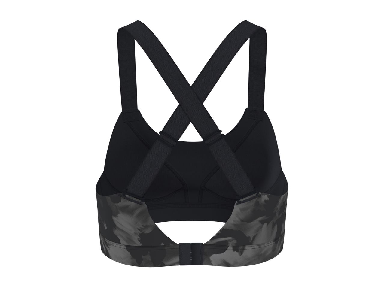 Black and grey patterned sports bra with criss-cross straps on the back.