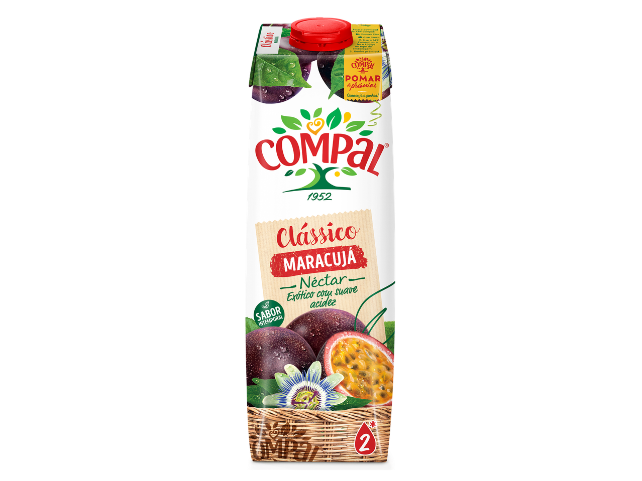 Néctar de maracujá com sabor exótico e suave acidez, com a fruta em destaque.
