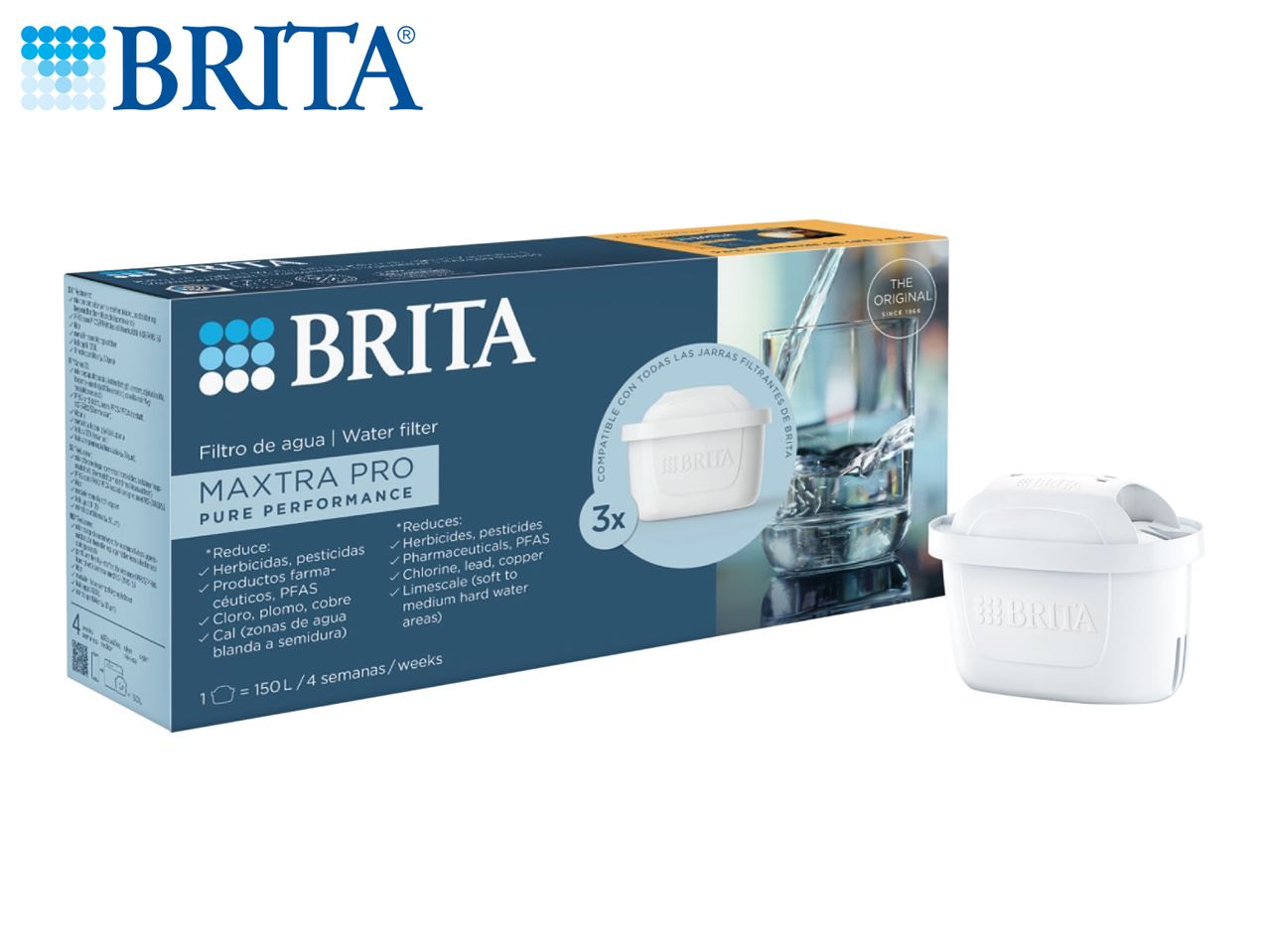 BRITA MAXTRA PRO water filter 3-pack, reducing herbicides, pesticides, pharmaceuticals, and limescale.
