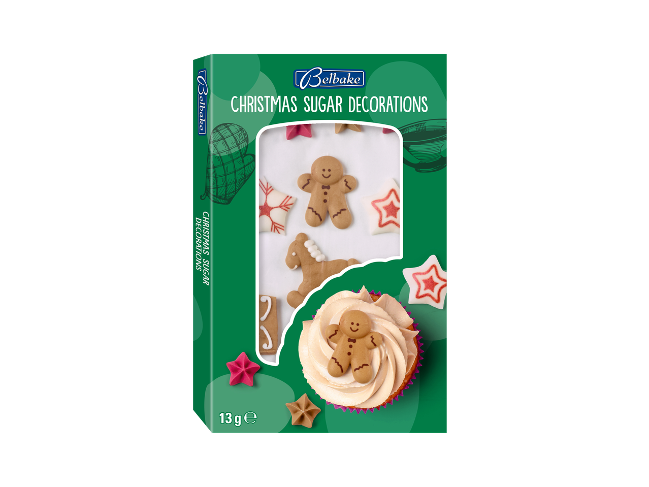 Belbake Christmas Sugar Decorations featuring gingerbread men, horses, and stars.