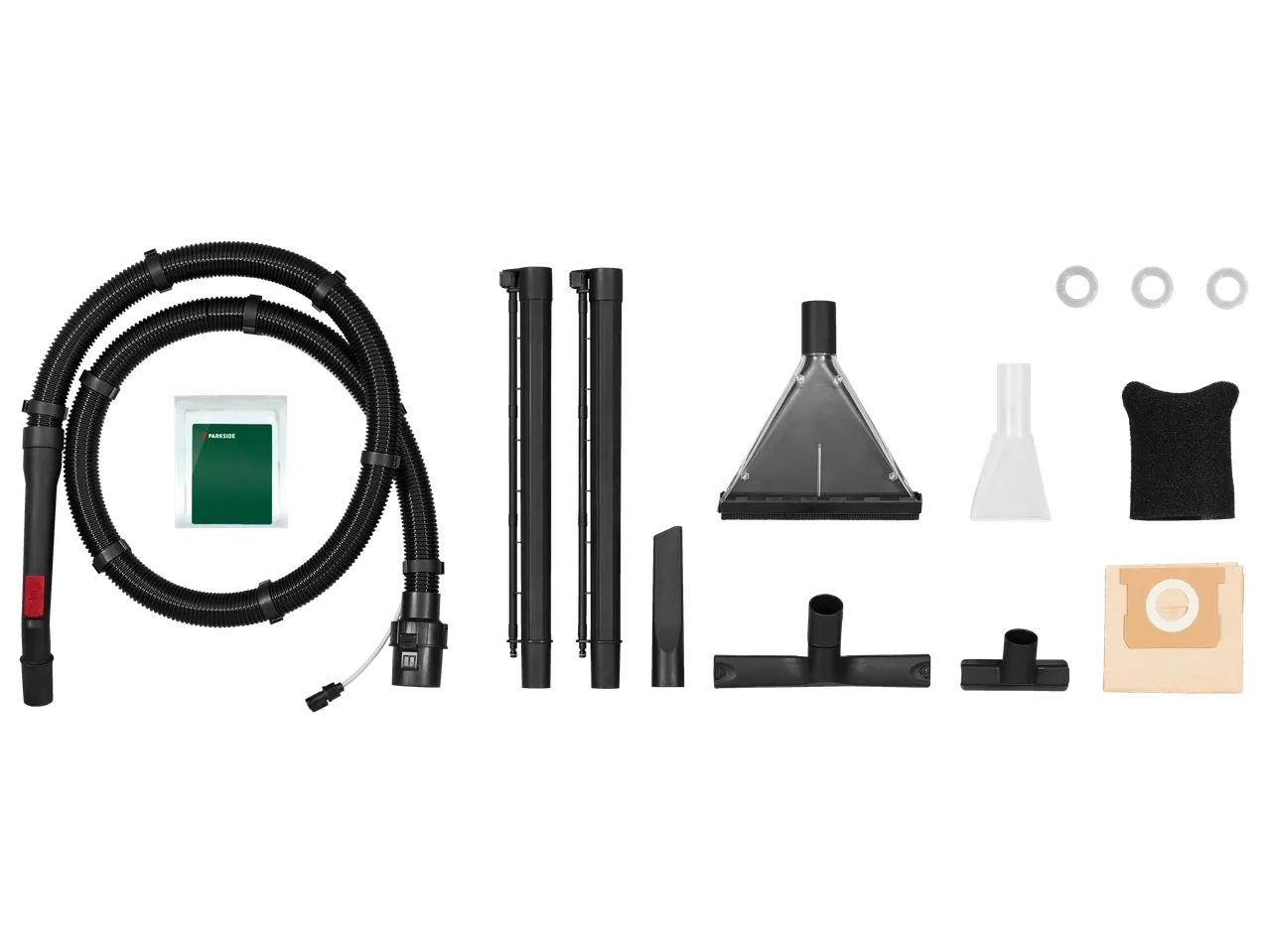 Parkside märja-kuiva tolmuimeja tarvikud, sealhulgas voolik, otsikud ja tolmukotid.
