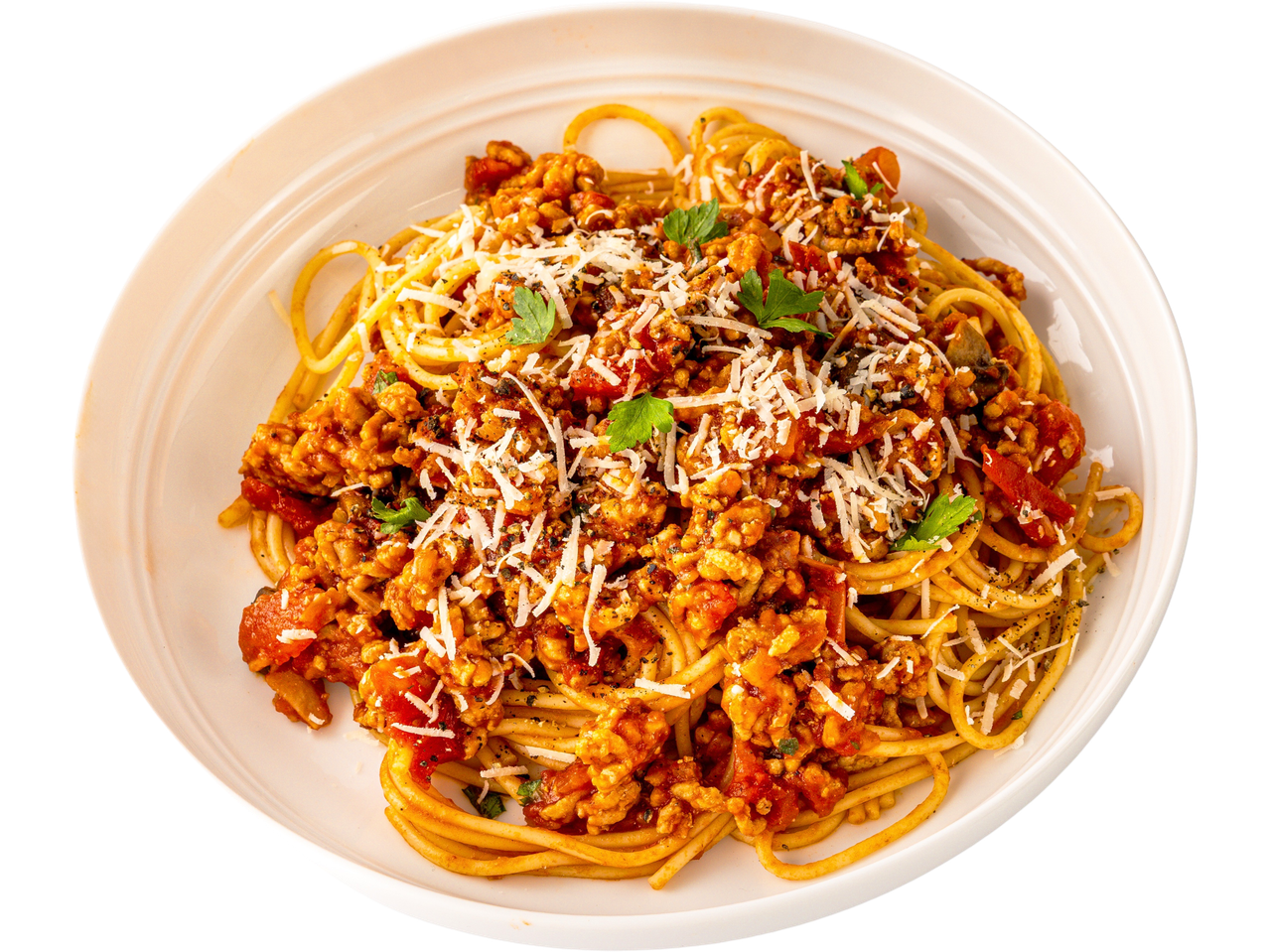 Spaghetti bolognese with pork mince, topped with grated cheese and parsley.