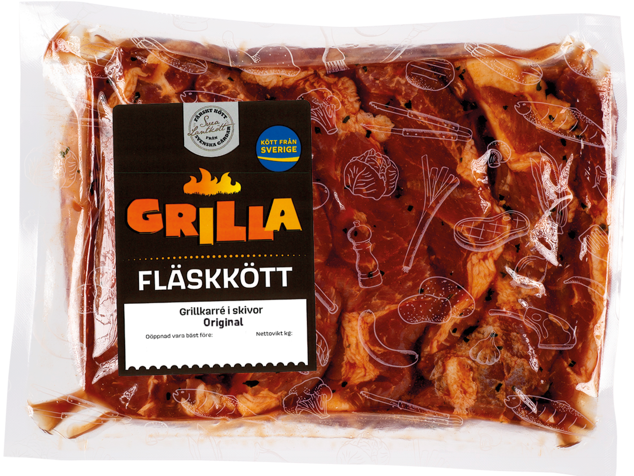 Marinerade fläskkarrébitar, Grilla-märkta, redo för grillning.