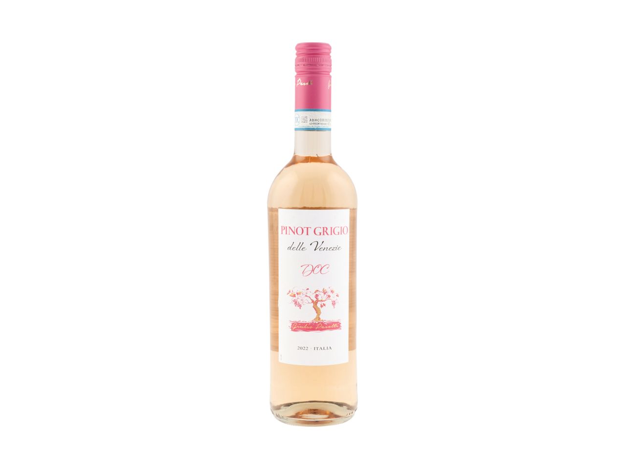 Bottle of Pinot Grigio delle Venezie DOC rosé wine with a pink label and cap.