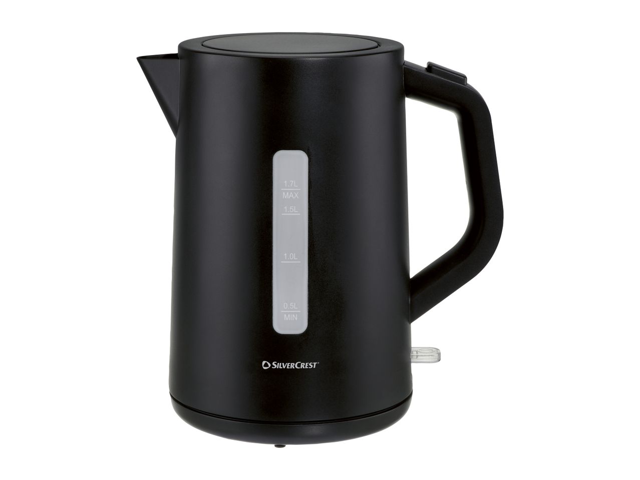 A black, cordless electric kettle.