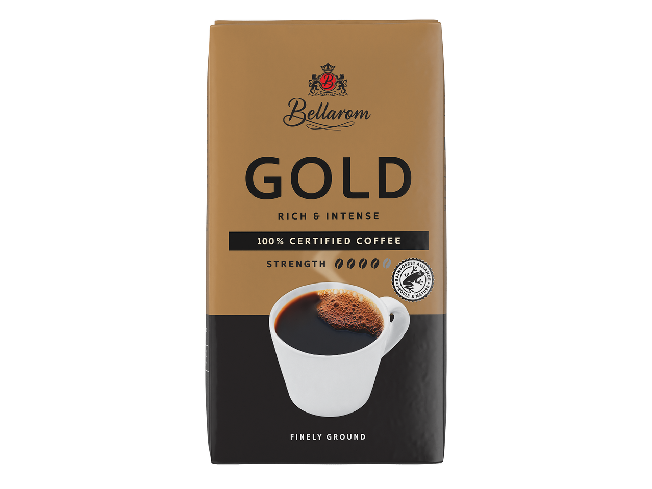 Опаковка кафе на прах с надпис 'GOLD RICH & INTENSE', 100% сертифицирано кафе, фино смляно, с чаша кафе.