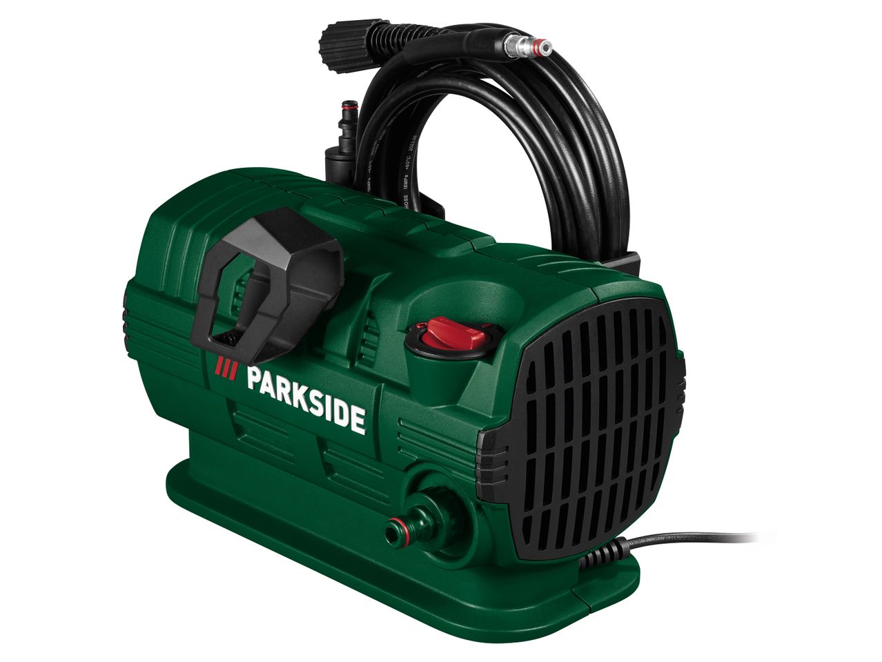 A green and black Parkside pressure washer with a coiled hose.