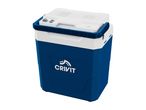 Blue and white portable electric cool box with controls on the lid