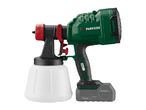Cordless paint spray gun with a white paint container and a 2.0Ah battery pack.