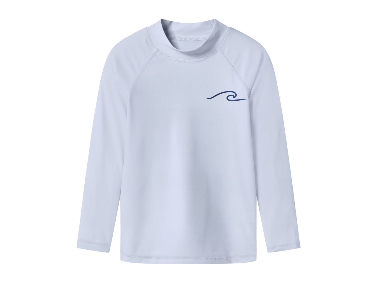 Light blue long-sleeve rash guard with a dark blue wave graphic