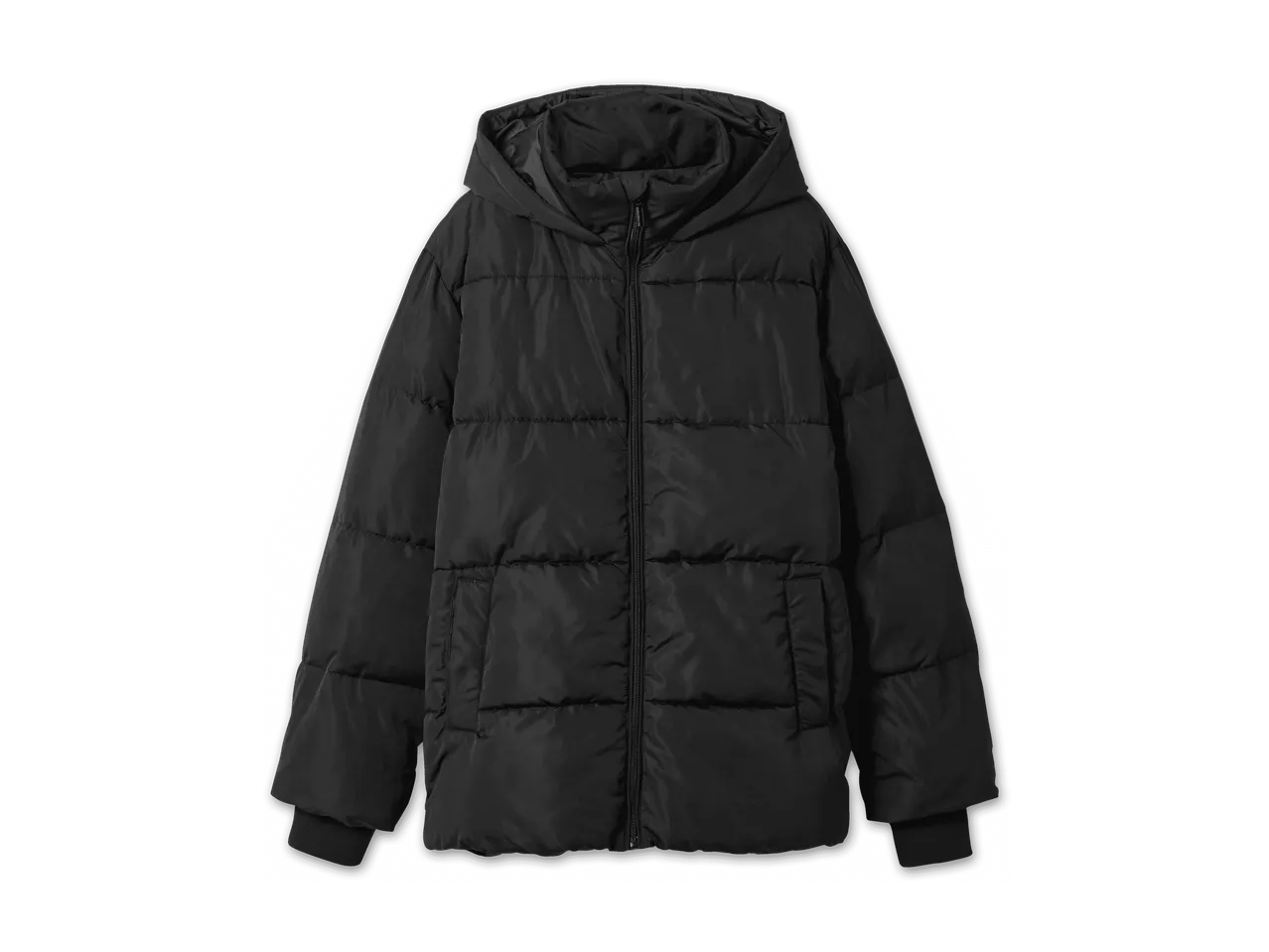 Schwarze, gesteppte Daunenjacke mit Kapuze und Reißverschluss