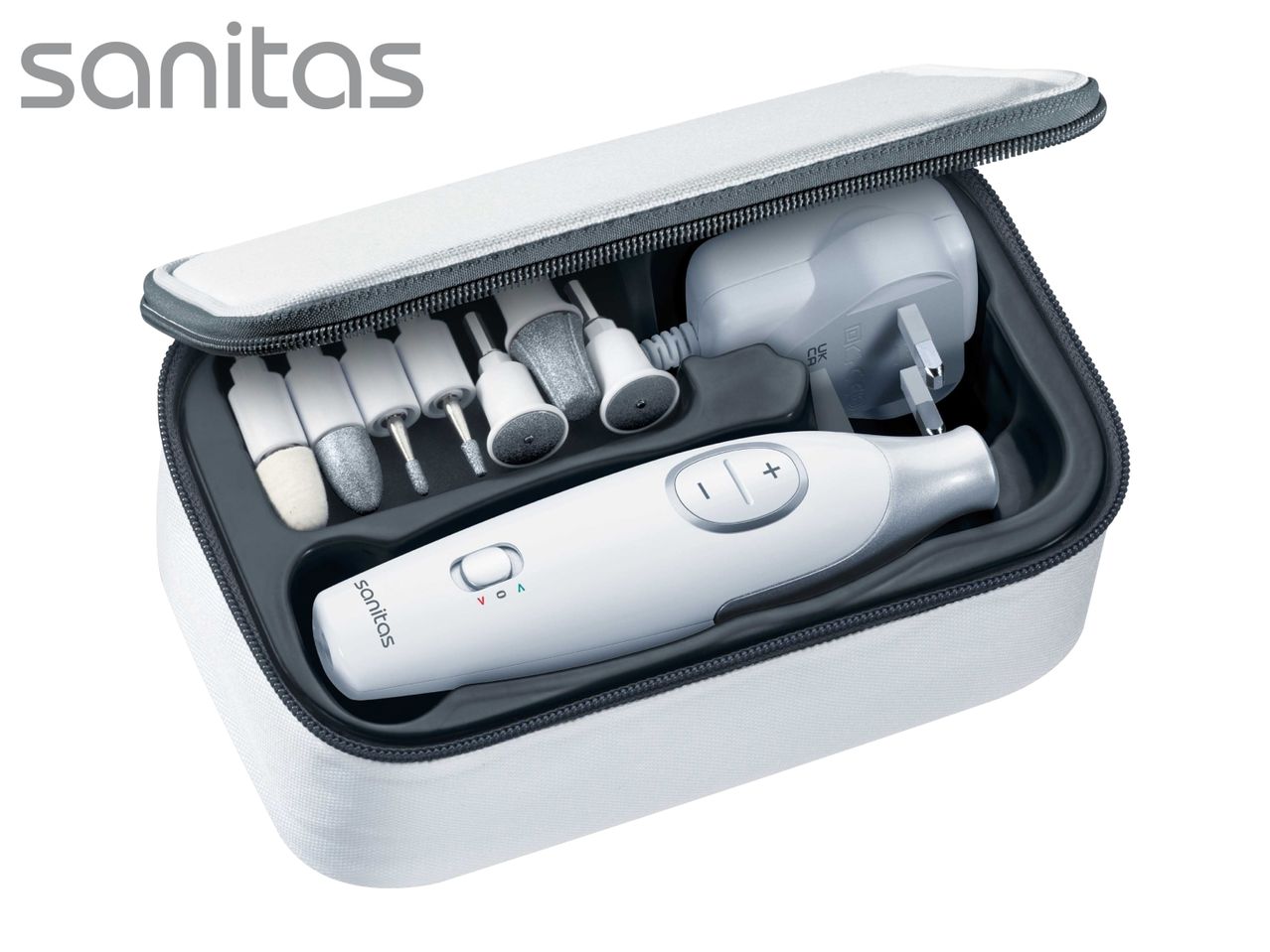 Manicure/pedicure set with electric file, various attachments, and charger in a white case.