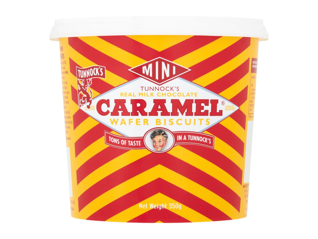 Mini caramel wafer biscuits in a yellow and red striped tub, 350g.