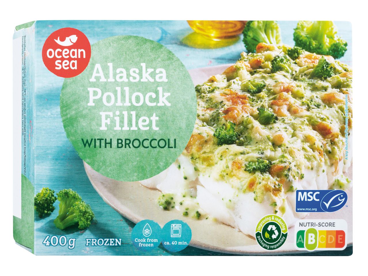 Ocean Sea alaszkai tőkehalfilé brokkolival, fagyasztott termék, 400g-os kiszerelésben.