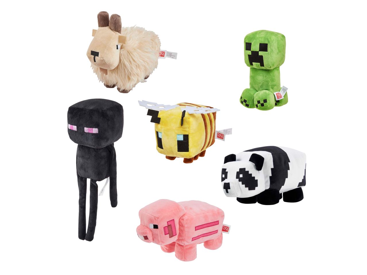 Minecraft Plüschtiere: Ziege, Creeper, Enderman, Biene, Panda und Schwein auf weißem Hintergrund.