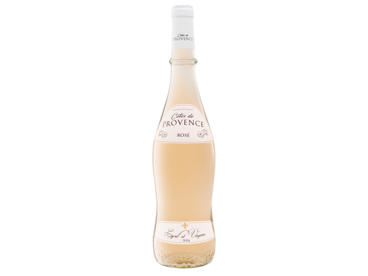 Бутилка розе вино Cotes de Provence с етикет, изобразяващ флорални мотиви и надпис „Cyril et Virginie 2024“.