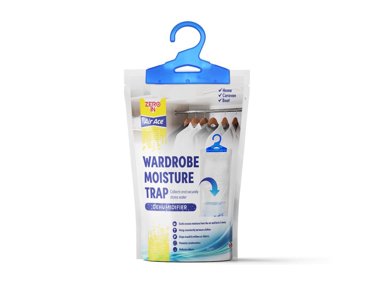 Hanging wardrobe moisture trap dehumidifier with a blue hanger, 300g