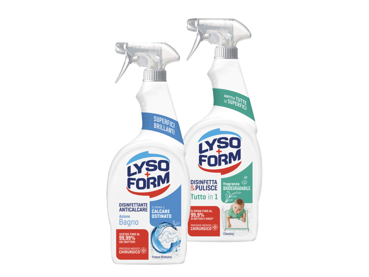 Due flaconi spray Lysoform, uno bianco e uno verde, per la pulizia della casa.
