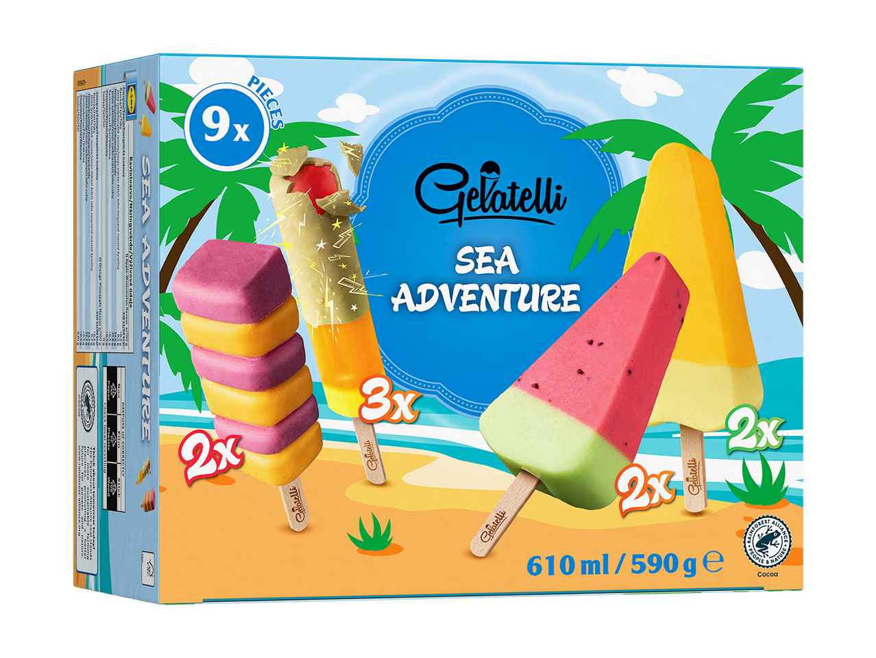 Jäätelöpakkaus, jossa on 9 jäätelöpuikkoa, mukaan lukien vesimeloni-, appelsiini-ananas- ja hedelmäkerrosjäätelöitä.