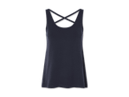Dunkelgraues Damen-Tanktop mit gekreuzten Trägern.