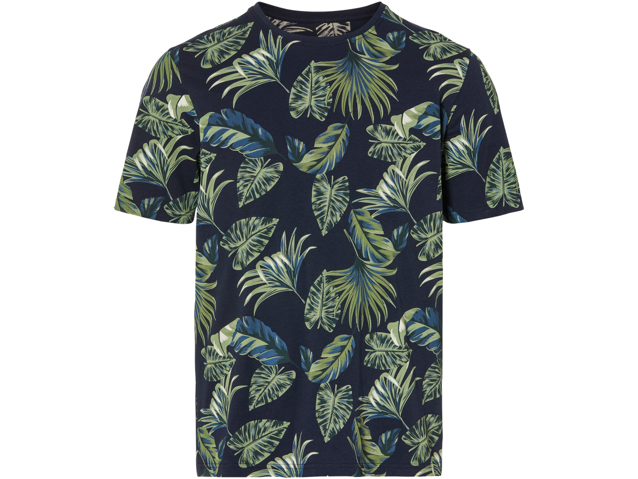 Una t-shirt blu navy con stampa a foglie tropicali.