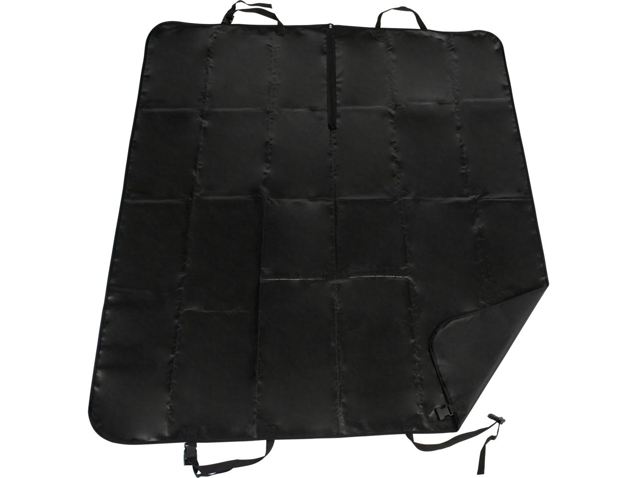 Black car back seat cover with straps and zipper.