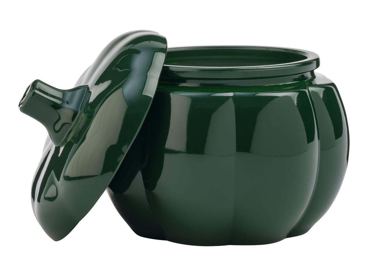 Dark green ceramic pumpkin-shaped pot with a lid slightly ajar.