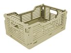 Foldable plastic storage crate in a light beige color, open and ready for use.